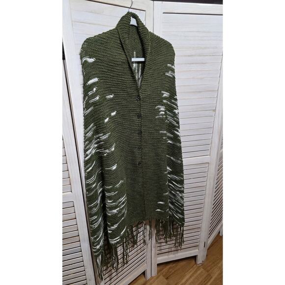 Olive Green Knit Fringe Shawl Poncho Wrap Boho One Size - Picture 3 of 6